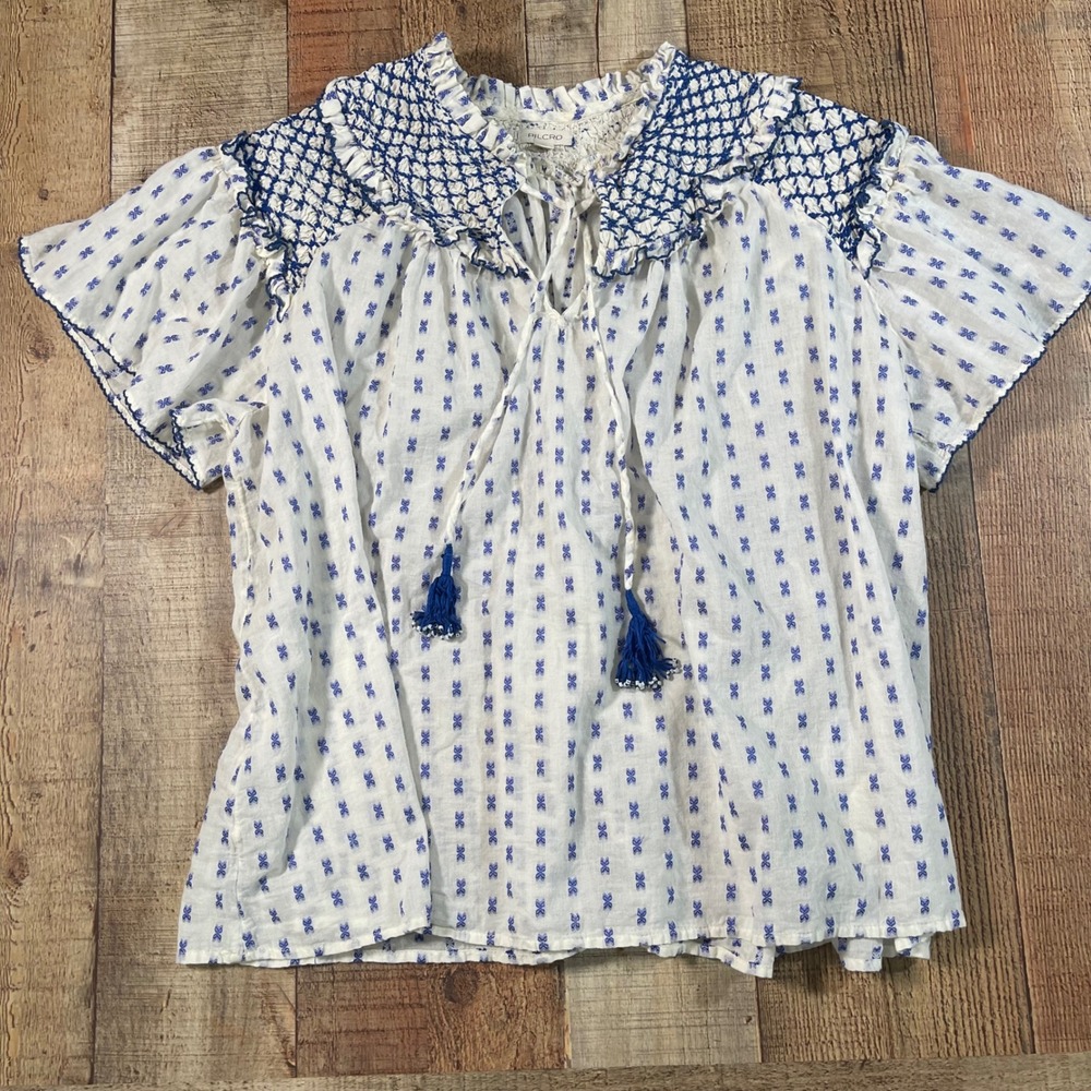 Pilcro Anthropologie Large Blue White Smocked Yoke Tassel Cotton Peasant Blouse